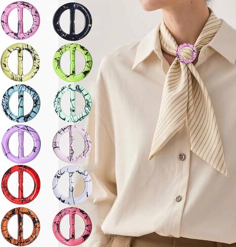 12PCS Silk Scarf Ring Clip T-shirt Tie Clips for Women Fashion Resin Ring Scarves Clasp Waist Buckle for Shirts Clothing Clothing Wrap Holder with 1 Exquisite Box (Inner 30mm/1.18in, Color 12) in Kuwait