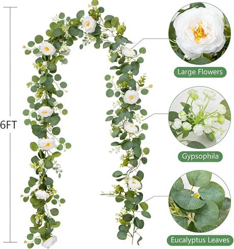 2Pcs Artificial Eucalyptus Garland with White Rose, Each 6ft Spring Flower Garland Faux Silk Rose Hanging Vine for Wedding Arch Backdrop Table Mantle Home Party Decor in Saudi Arabia