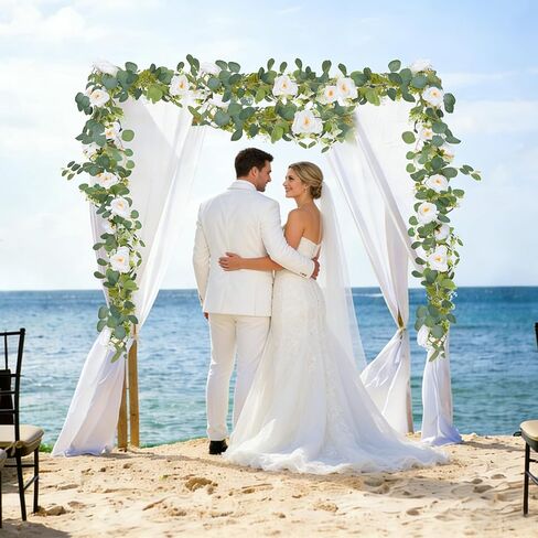 2Pcs Artificial Eucalyptus Garland with White Rose, Each 6ft Spring Flower Garland Faux Silk Rose Hanging Vine for Wedding Arch Backdrop Table Mantle Home Party Decor in Saudi Arabia