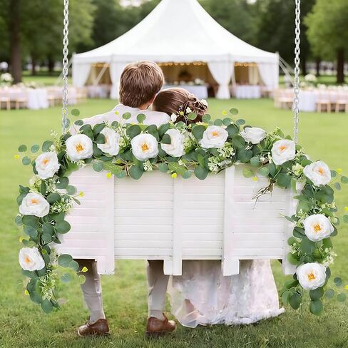 2Pcs Artificial Eucalyptus Garland with White Rose, Each 6ft Spring Flower Garland Faux Silk Rose Hanging Vine for Wedding Arch Backdrop Table Mantle Home Party Decor in Saudi Arabia