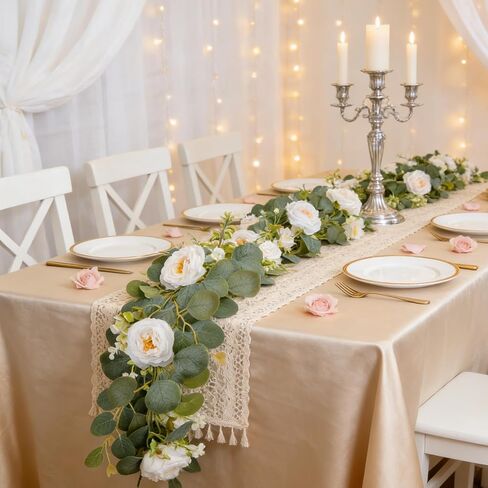 2Pcs Artificial Eucalyptus Garland with White Rose, Each 6ft Spring Flower Garland Faux Silk Rose Hanging Vine for Wedding Arch Backdrop Table Mantle Home Party Decor in Saudi Arabia