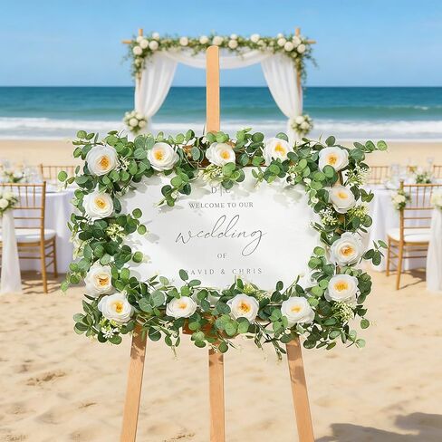 2Pcs Artificial Eucalyptus Garland with White Rose, Each 6ft Spring Flower Garland Faux Silk Rose Hanging Vine for Wedding Arch Backdrop Table Mantle Home Party Decor in Saudi Arabia