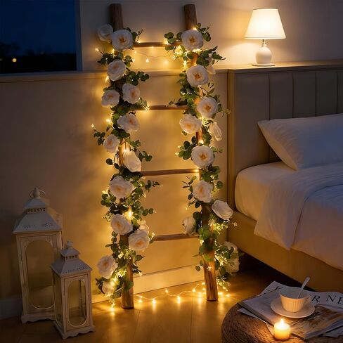 2Pcs Artificial Eucalyptus Garland with White Rose, Each 6ft Spring Flower Garland Faux Silk Rose Hanging Vine for Wedding Arch Backdrop Table Mantle Home Party Decor in Saudi Arabia