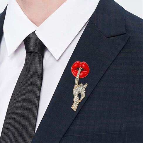 Sexy Red Lips Brooch for Women Men Rhinestone Quiet Gestures Statement Brooches Lapel Pins Fashion Elegant Clothing Hat Bag Accessories Jewelry Lover Gift for Women (Gold) in Saudi Arabia