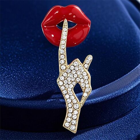 Sexy Red Lips Brooch for Women Men Rhinestone Quiet Gestures Statement Brooches Lapel Pins Fashion Elegant Clothing Hat Bag Accessories Jewelry Lover Gift for Women (Gold) in Saudi Arabia