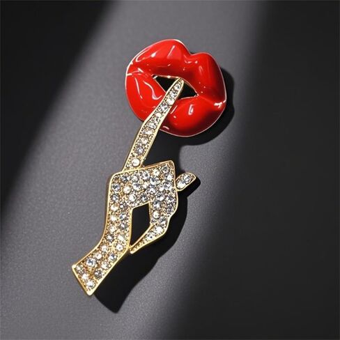 Sexy Red Lips Brooch for Women Men Rhinestone Quiet Gestures Statement Brooches Lapel Pins Fashion Elegant Clothing Hat Bag Accessories Jewelry Lover Gift for Women (Gold) in Saudi Arabia