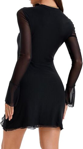 فستان Bodycon Mock مستدير قصير نسائي شبكي بأكمام طويلة وحفلات النادي أسود صغير in Kuwait