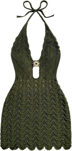 WDIRARA Women's Boho Metal Deep V Neck Tie Backless Halter Dresses Cut Out Crochet Knit Dress in Saudi Arabia