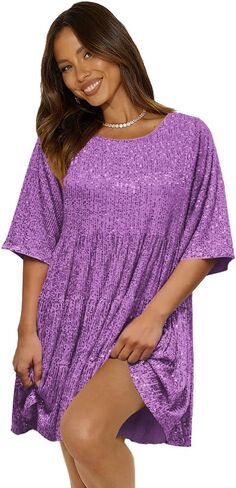 Women's Summer Sequin Babydoll Dress Short Flowy Tiered Tunic Sparkle Glitter Dresses Party Club in Kuwait