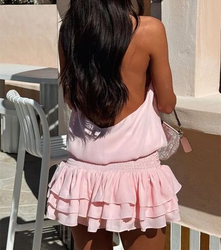Women Halter Mini Dress Ruffle Drop Waist Tie Backless Bubble High Neck Flowy Short Dress Cocktail Party Clubwear in Saudi Arabia