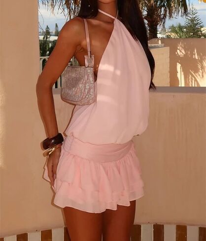 Women Halter Mini Dress Ruffle Drop Waist Tie Backless Bubble High Neck Flowy Short Dress Cocktail Party Clubwear in Saudi Arabia