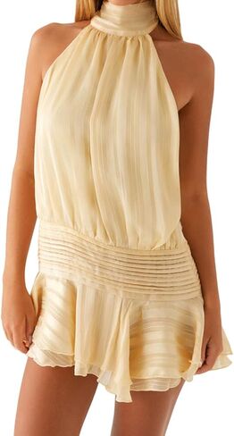 Women Halter Mini Dress Ruffle Drop Waist Tie Backless Bubble High Neck Flowy Short Dress Cocktail Party Clubwear in Saudi Arabia