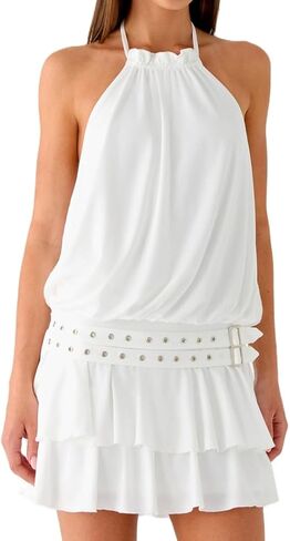 Women Halter Mini Dress Ruffle Drop Waist Tie Backless Bubble High Neck Flowy Short Dress Cocktail Party Clubwear in Saudi Arabia