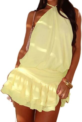 Women Halter Mini Dress Ruffle Drop Waist Tie Backless Bubble High Neck Flowy Short Dress Cocktail Party Clubwear in Saudi Arabia
