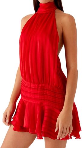 Women Halter Mini Dress Ruffle Drop Waist Tie Backless Bubble High Neck Flowy Short Dress Cocktail Party Clubwear in Saudi Arabia