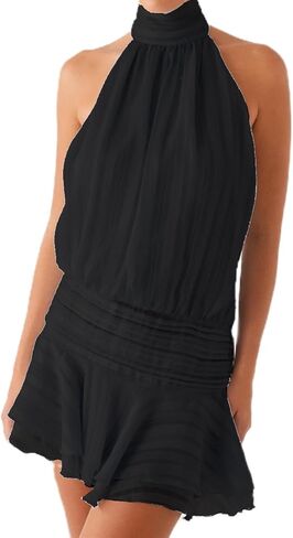 Women Halter Mini Dress Ruffle Drop Waist Tie Backless Bubble High Neck Flowy Short Dress Cocktail Party Clubwear in Saudi Arabia