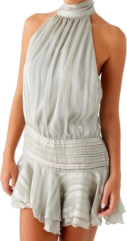 Women Halter Mini Dress Ruffle Drop Waist Tie Backless Bubble High Neck Flowy Short Dress Cocktail Party Clubwear in Saudi Arabia