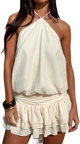 Women Halter Mini Dress Ruffle Drop Waist Tie Backless Bubble High Neck Flowy Short Dress Cocktail Party Clubwear in Saudi Arabia
