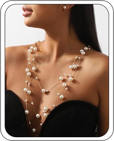 قلادات اللؤلؤ الطويلة ثلاثة حبلا سلاسل طويلة حبات اللؤلؤ القلائد أقراط مجموعة لذيذ متعددة فروع قلادة طويلة مع أقراط اللؤلؤ لحفل الزفاف in Kuwait