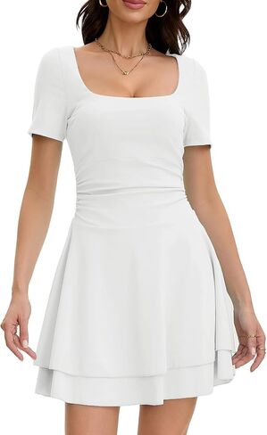 فستان نسائي قصير بحاشية مكشكشة ورقبة مربعة وخصر مكشكش وأكمام قصيرة وفساتين الحفلات in Kuwait