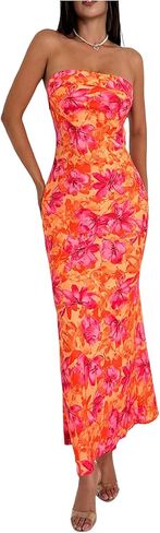 GORGLITTER Women's Floral Dress Strapless Tube Open Back Bodycon Boho Summer Wedding Guest Vacation Beach Maxi Dresses in Saudi Arabia