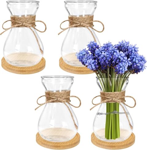 4 قطع من المزهريات الزجاجية، مزارعون مائيون شفافون للياقوتية، تصميم خصر نحيف، ديكور منزلي على الطراز البوهيمي مع حبل، قواعد خشبية in Kuwait