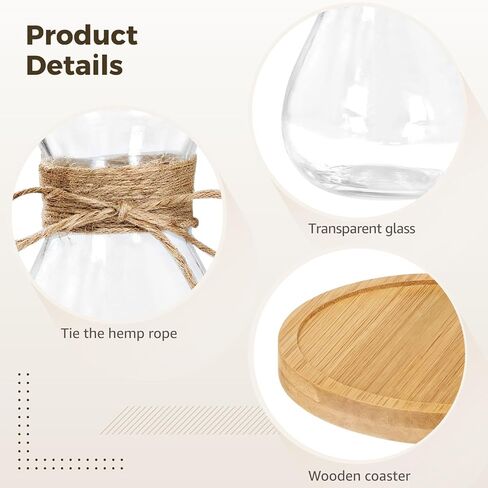 4 قطع من المزهريات الزجاجية، مزارعون مائيون شفافون للياقوتية، تصميم خصر نحيف، ديكور منزلي على الطراز البوهيمي مع حبل، قواعد خشبية in Kuwait