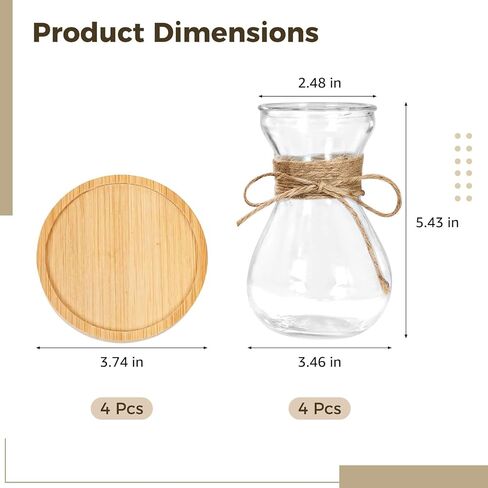 4 قطع من المزهريات الزجاجية، مزارعون مائيون شفافون للياقوتية، تصميم خصر نحيف، ديكور منزلي على الطراز البوهيمي مع حبل، قواعد خشبية in Kuwait