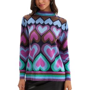 Froggirl Women’s Colorful Heart Pattern Crewneck Sweater – Soft Knit Pullover, Long Sleeve Jumper, Casual Warm Top in Saudi Arabia