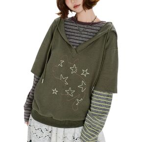 Women's Y2K retro striped Hooded sweatshirt Star graphics Loose Hooded Long Sleeve top Harajuku Fashion Streetwear in Kuwait