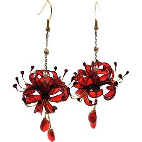 زوج واحد من أقراط زهرة ليكوريس رادياتا المصنوعة يدويًا للنساء، مجوهرات هانفو كيمونو القديمة قطرة الأذن، قطرة أذن صناعية متدلية لديكورات حفلات الزفاف التنكرية in Kuwait