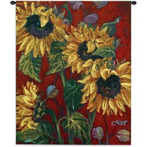 عباد الشمس على الأحمر 2 | لوحة فنية جدارية منسوجة معلقة | انفجار الأزهار من الألوان النارية | 100% قطن مقاس أمريكي 53x40 in Kuwait