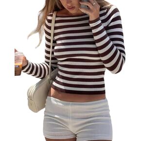 BAIGRAM Women Y2K Boat Neck Striped Crop Sweater Long Sleeve Slim Fit Knit T-Shirt Top Aesthetic Preppy Pullover Fall Outfits in Kuwait