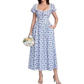 EYNMIN Floral Corset Midi Summer Wedding Guest Dresses for Women Lace Up Puff Sleeve Flowy A Line Milkmaid Dress with Pocket in Kuwait