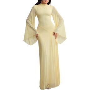 فستان طويل نسائي من Milumia برقبة وهمية وأكمام طويلة على شكل جرس، فساتين أنيقة مكشكشة لحفلات الزفاف in Kuwait