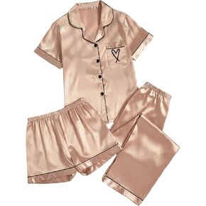 Women's 3 Piece Satin Pajama Set Summer Button Down Short Sleeve Shirt and Shorts with Pants Sleepwear in Saudi Arabia