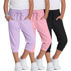 3 Pack Girls Capri Joggers Casual Teen Drawstring Cropped Sweatpants Summer Kids Lightweight 3/4 Pants with Pocket in Kuwait