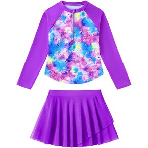 Girls Rash Guard Swimsuit Long Sleeve Bathing Suits with Swim Skirt Shorts Two Piece Sun Protection Swimwear for 3-12 Years in Kuwait