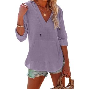 Summer Tops for Women Beach Cover Up Hoodies Casual V Neck Long Sleeve Linen Tops Lightweight Hooded Shirt with Pocket in Saudi Arabia
