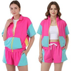 Women's 80s 90s Color Block Outfit 2 Piece Short Sleeve Windbreaker Tracksuit Set Costume Zip Up in Kuwait