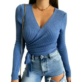 ZAFUL Women's V Neck Sweater Lantern Long Sleeve Pullover Cable Knit Cross Crop Top Casual Tie Wrap Tunic Jumper Blouses in Kuwait