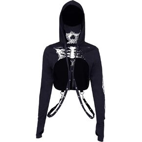 TSMNZMU Womens Gothic Cropped Hoodie Long Sleeve Punk Grunge Skull Print Shirt Mall Goth Alt Emo Tops with Iron Chain in Kuwait