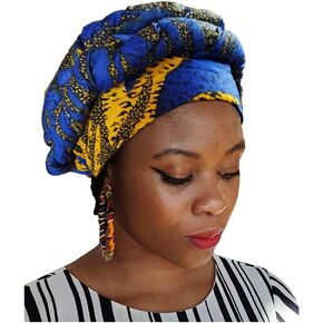 Dupsie's Blue and Gold African Print Modu Hat - Pre-tied Head wrap in Kuwait
