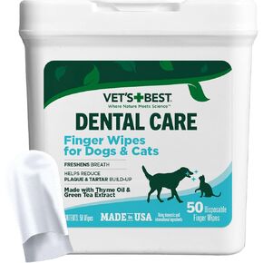 Vet's Best Dental Care Finger Wipes for Dogs, Plaque & Tartar Remover For Teeth, Dog Dental Care Freshens Breath, Teeth Cleaning Finger Wipes for Dogs & Cats, Dog Wipes, Pet Wipes For Cats, 50 Count in Kuwait