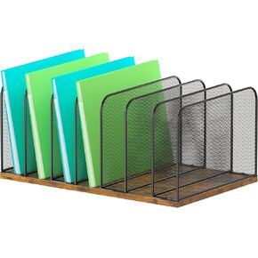 Piskyet Wooden Desk File Organizer, 5-Section Vertical File Folder Holder Stand,Metal Mail Paper Chromebook Organizer for Teacher Desk Office Classroom Desktop Organization in Kuwait