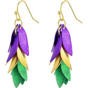 أقراط AnotherKiss Mardi Gras للنساء - أقراط متدلية من أوراق الشجر الخضراء والذهبية الأرجوانية الممتعة، مجوهرات الكرنفال، إكسسوارات حفلات العطلات، هدايا السنة الجديدة لها in Kuwait