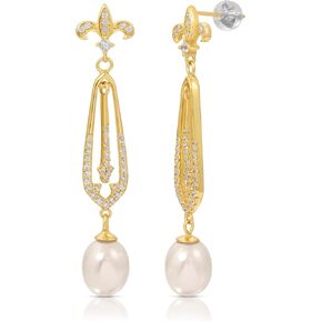 أقراط متدلية من لؤلؤ المياه العذبة من فيرميل الذهب عيار 18 قيراط للنساء، مجوهرات راقية للنساء - أقراط مضادة للحساسية مع لؤلؤ مثقف أصلي in Kuwait