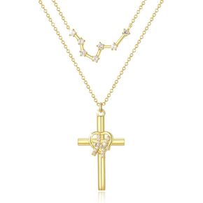 14K Gold Zodiac Cross Layered Necklace Gifts for Women - Horoscope Constellation Pendant with Cross,Luxury Valentine's Day Aniversary Birthday Gifts Jewelry for Her (12 Zodiac Signs) in Kuwait