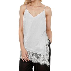 Women Sexy Spaghetti Strap Long Lace Trim Satin Tank Top Y2k Solid V Neck Asymmetrical Split Hem Silk Cami Shirt in Kuwait