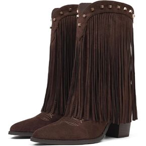 CYNLLIO Fringe Cowboy Boots for Women Cowgirl Western Mid Calf Pull On Boot Pointed Toe Chunky Heel Vaqueras Botas w/Embroidery Studded for Country Concert Rodeo in Kuwait